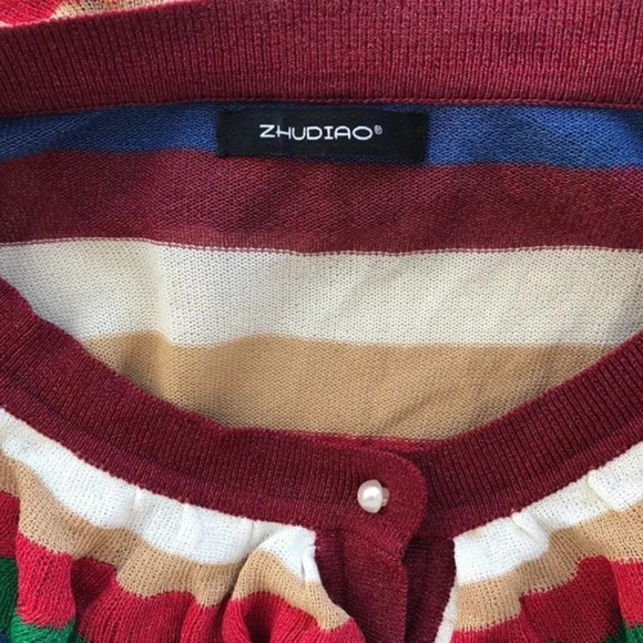 Bright Stripe Long Sleeve Dress Ruffle M - Picture 6 of 6